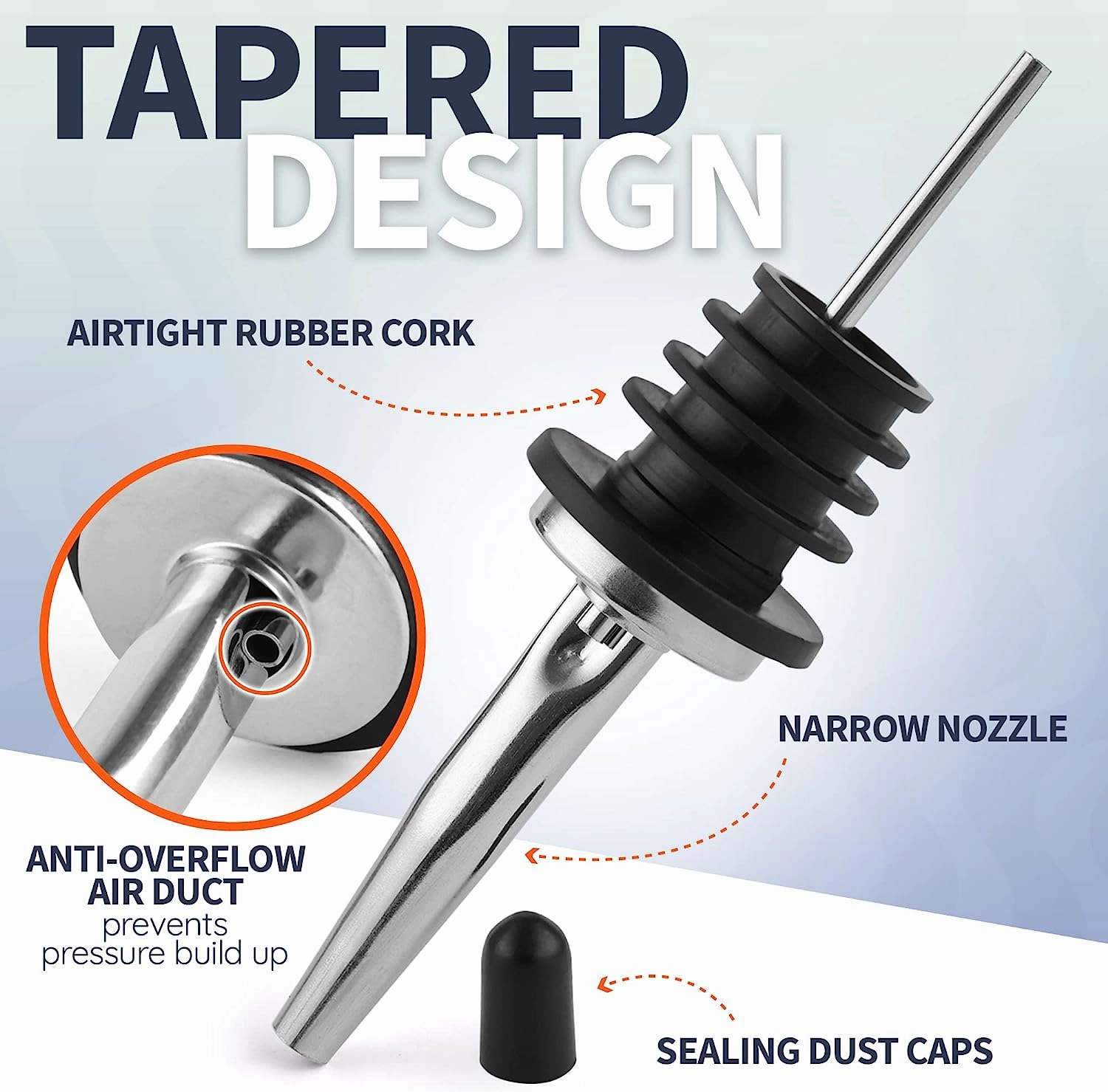 12 Pack Stainless Steel Liquor Pourers with Rubber Dust Caps