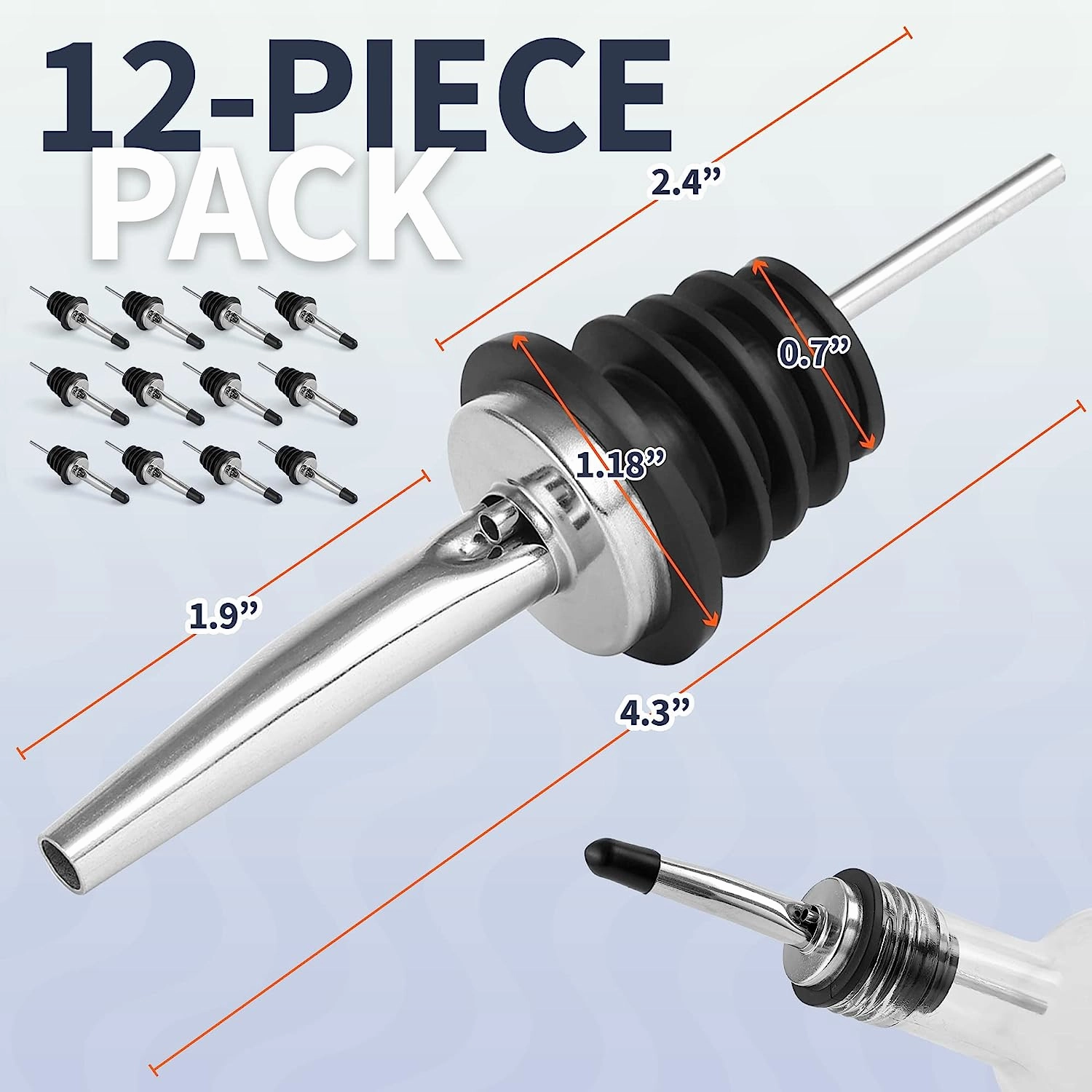 12 Pack Stainless Steel Liquor Pourers with Rubber Dust Caps