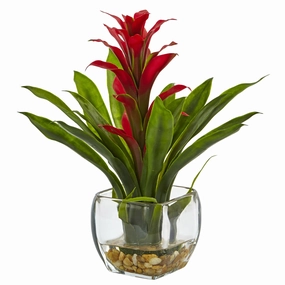 12" Bromeliad with Vase Arrangement Red Faux Florals cheap bouquet decor