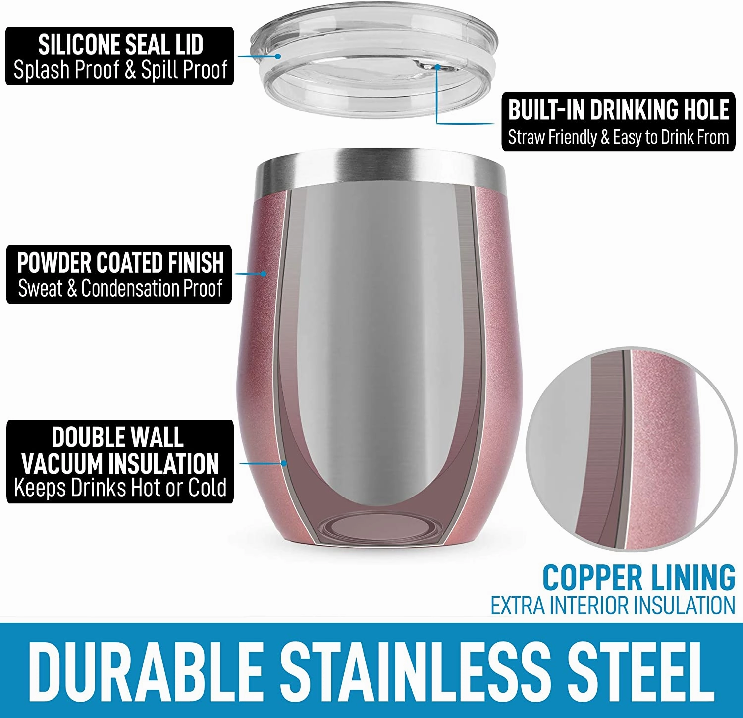 12oz Stemless Stainless Steel Wine Tumblers With Lids