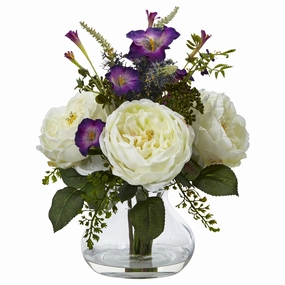 14.5" Rose and Morning Glory Arrangement with Vase White Faux Florals online special
