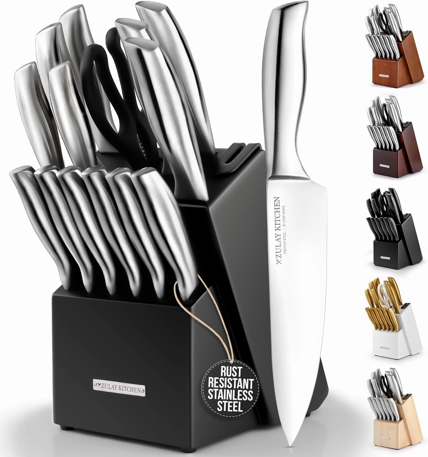 15 Piece Stainless Steel Knife Set with Block and Sharpener