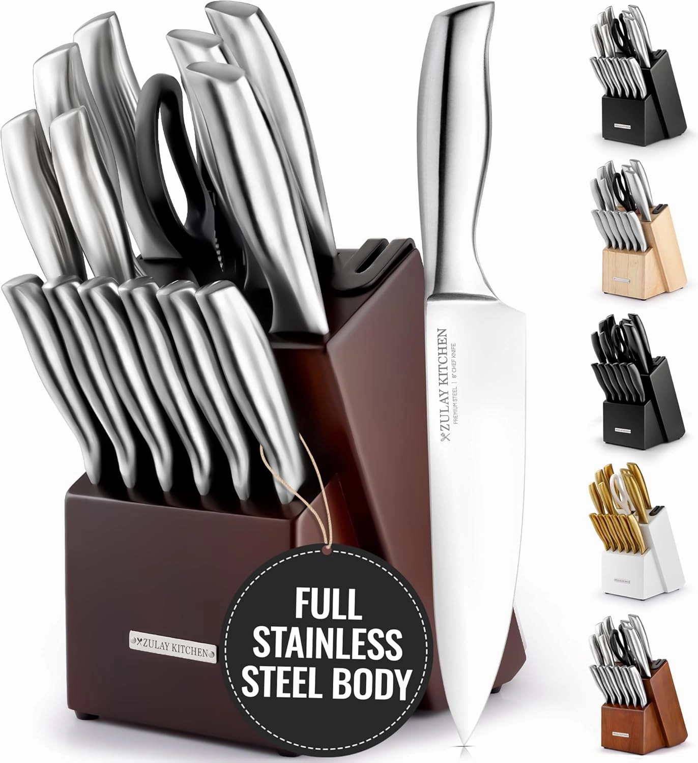 15 Piece Stainless Steel Knife Set with Block and Sharpener