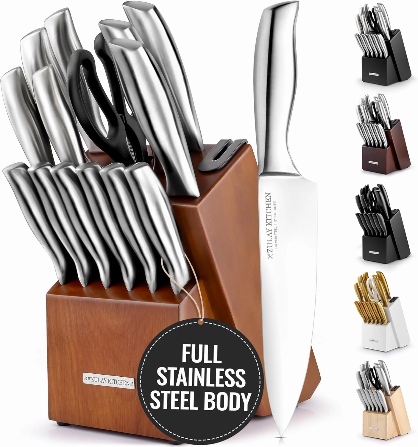 15 Piece Stainless Steel Knife Set with Block and Sharpener