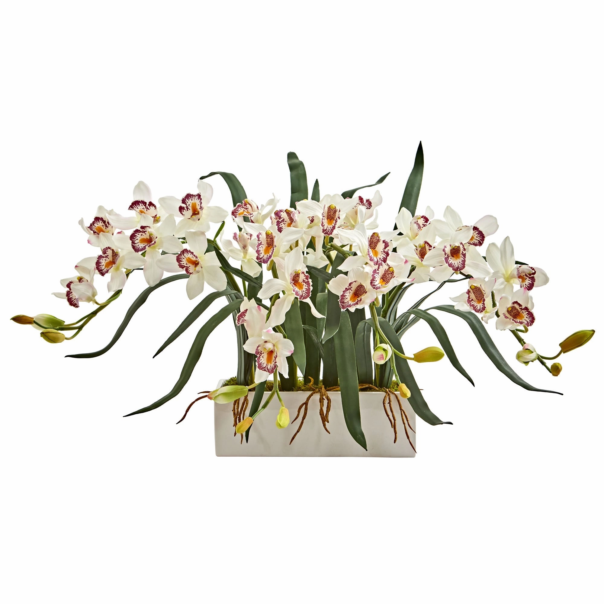 15" Cymbidium Artificial Arrangement in White Vase Faux Florals floral decor outlet