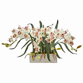 15" Cymbidium Artificial Arrangement in White Vase Faux Florals floral decor outlet