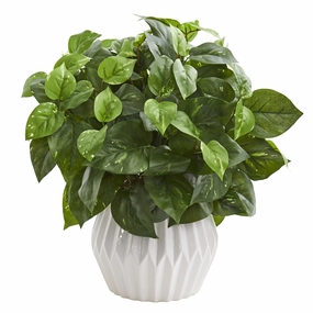 16" Pothos Artificial Plant in White Ceramic Vase Faux Florals cheap bouquet decor