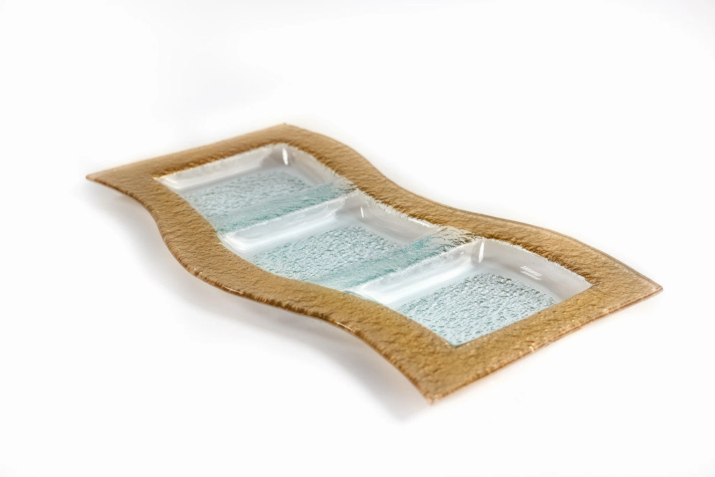17" Clear And Gold Rectangular Glass Handmade Divided Serving Dish