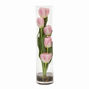 18" Tulips Artificial Arrangement in Cylinder Vase Faux Florals floral decor outlet
