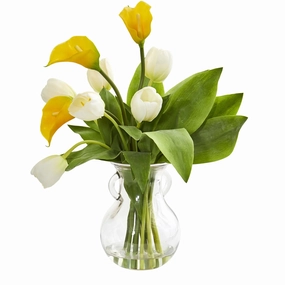 19" Calla Lily & Tulips Arrangement in Decorative Vase Faux Florals floral decor outlet