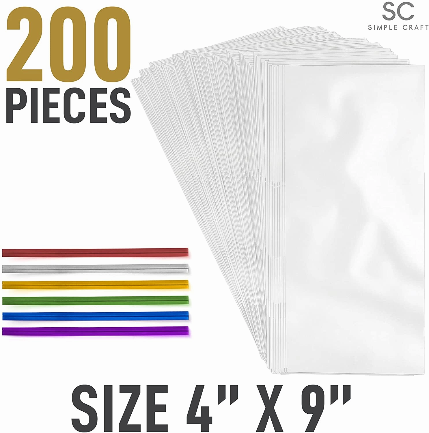 200 Pack Candy Treat Cellophane bags - 4x9 Thick Plastic Candy Bags With Ties For Goodie Bags