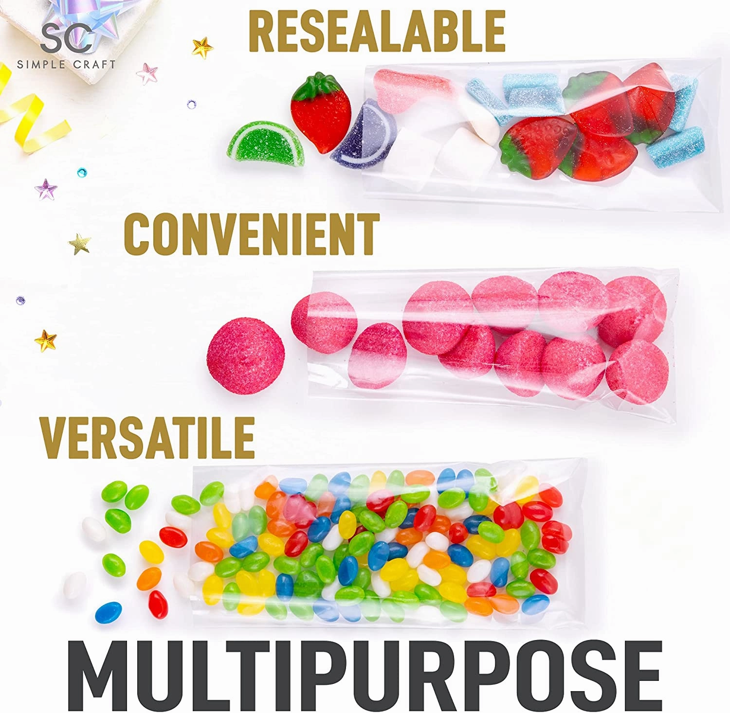 200 Pack Candy Treat Cellophane bags - 4x9 Thick Plastic Candy Bags With Ties For Goodie Bags