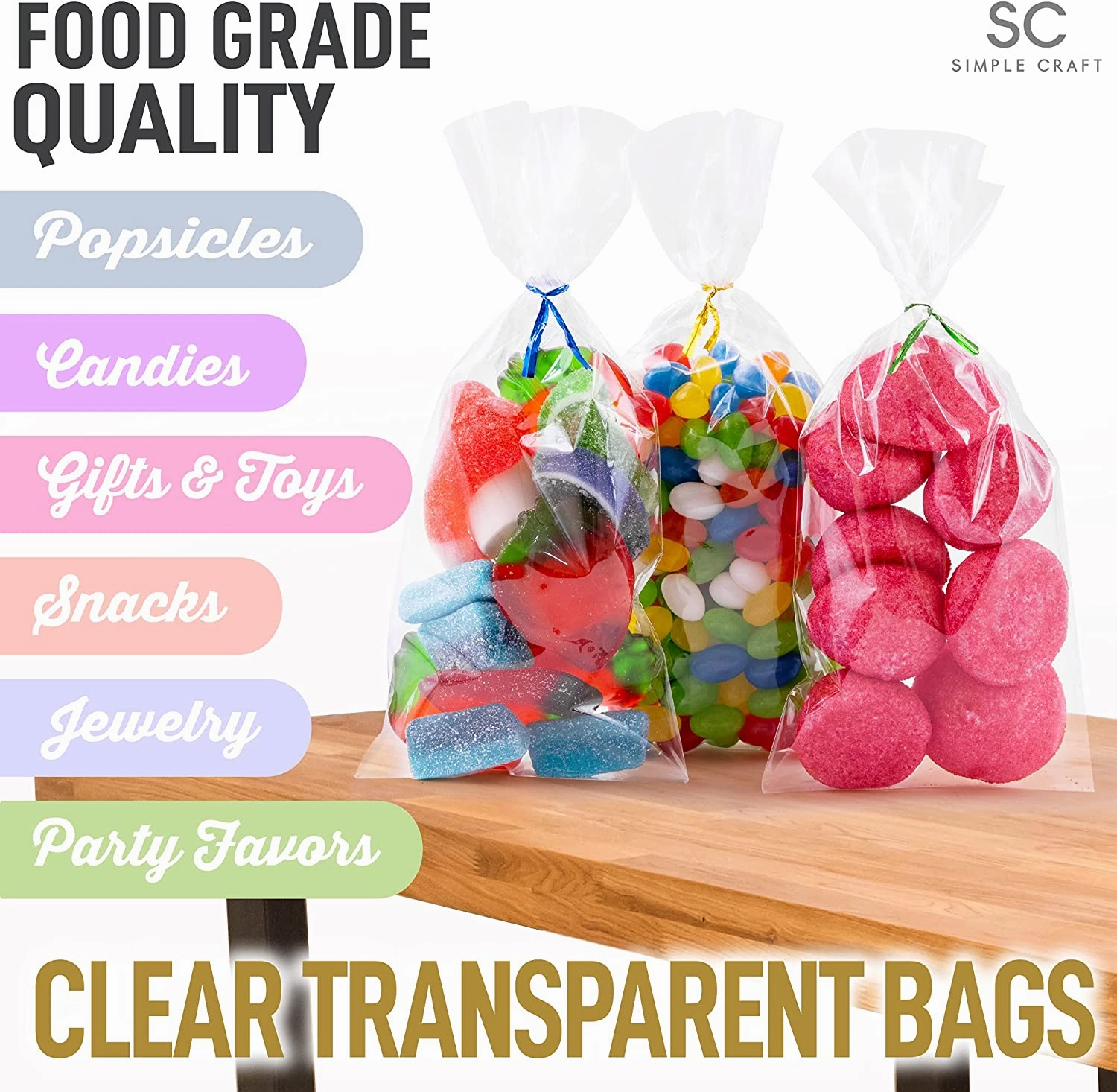200 Pack Candy Treat Cellophane bags - 4x9 Thick Plastic Candy Bags With Ties For Goodie Bags