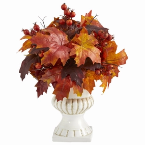 20" Autumn Maple Leaf and Berries Plant in White Urn Faux Florals floral decor outlet