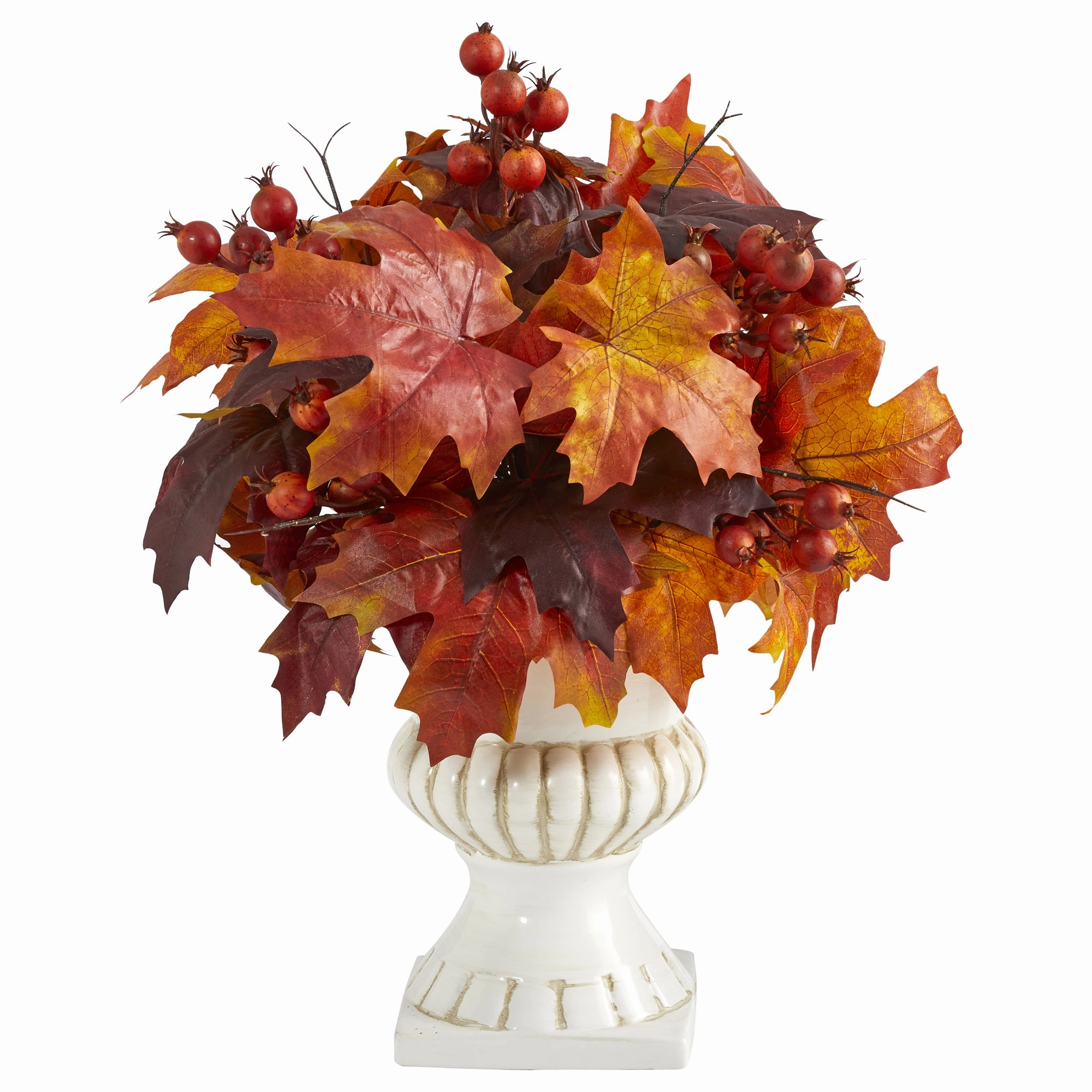 20" Autumn Maple Leaf and Berries Plant in White Urn Faux Florals floral decor outlet