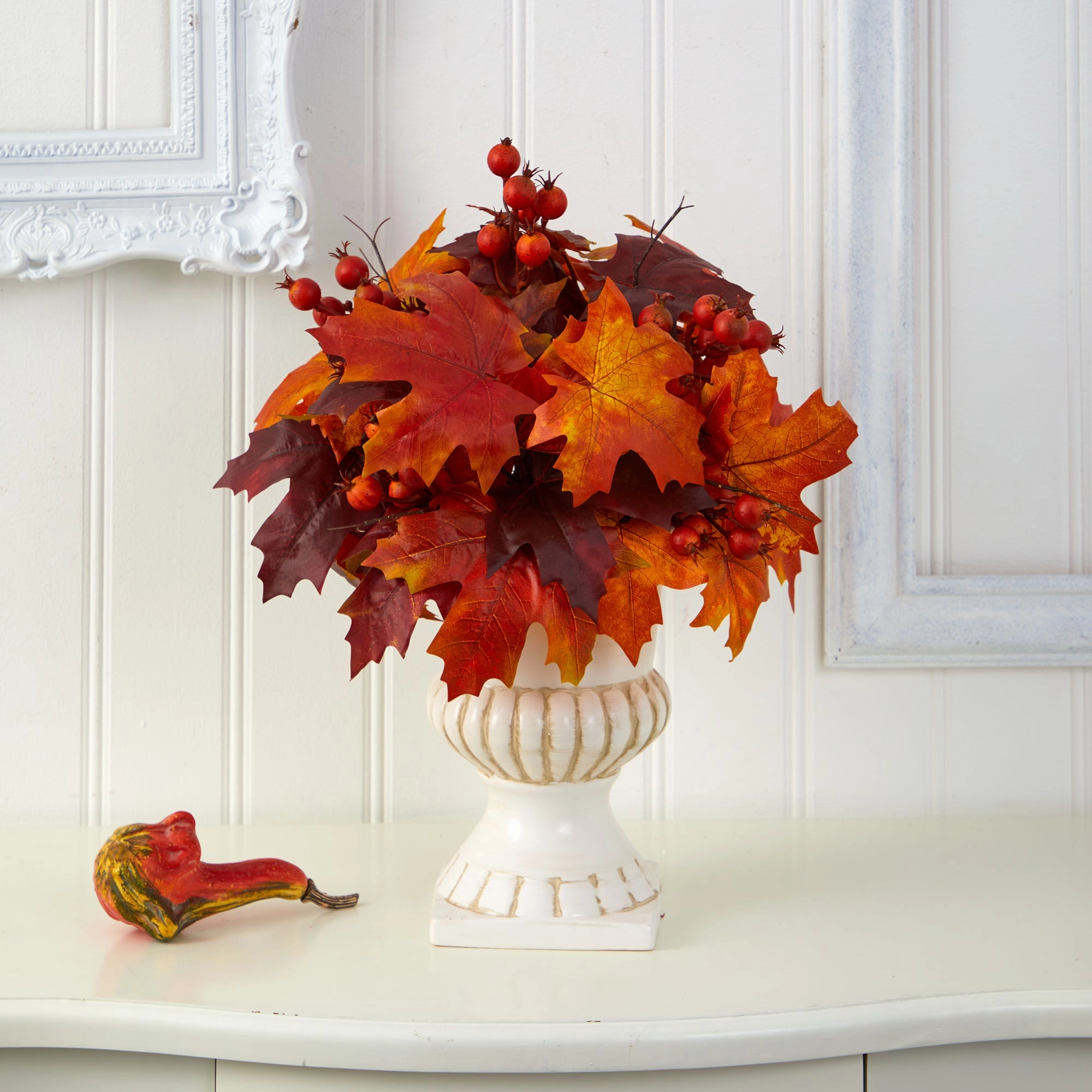 20" Autumn Maple Leaf and Berries Plant in White Urn