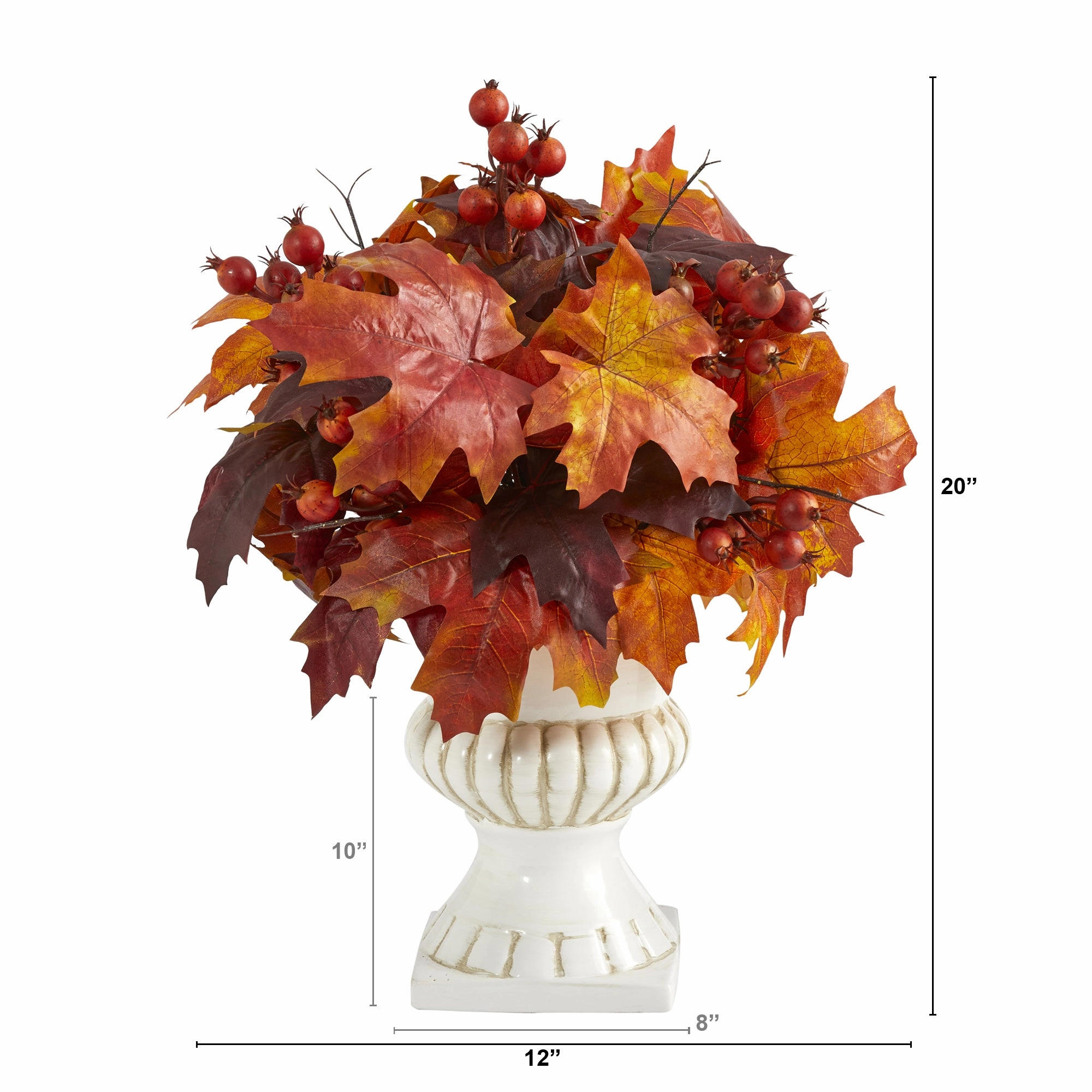 20" Autumn Maple Leaf and Berries Plant in White Urn