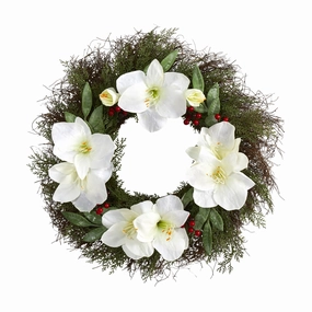 20" Cedar Amaryllis and Ruscus with Berries Wreath Faux Florals floral decor outlet