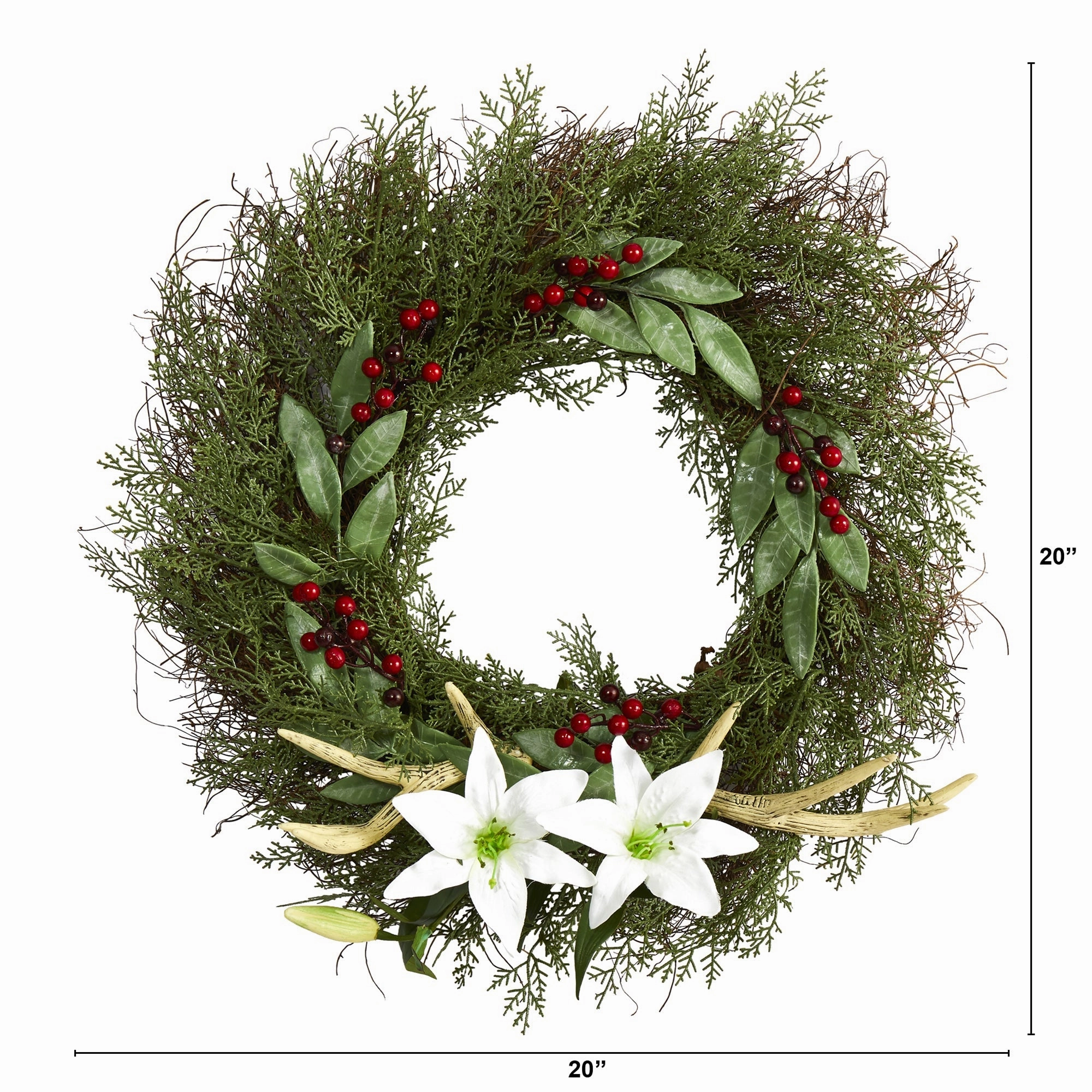 20" Cedar Antlers Lily and Ruscus with Berries Wreath