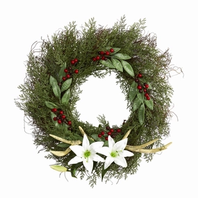 20" Cedar Antlers Lily and Ruscus with Berries Wreath Faux Florals cheap bouquet decor