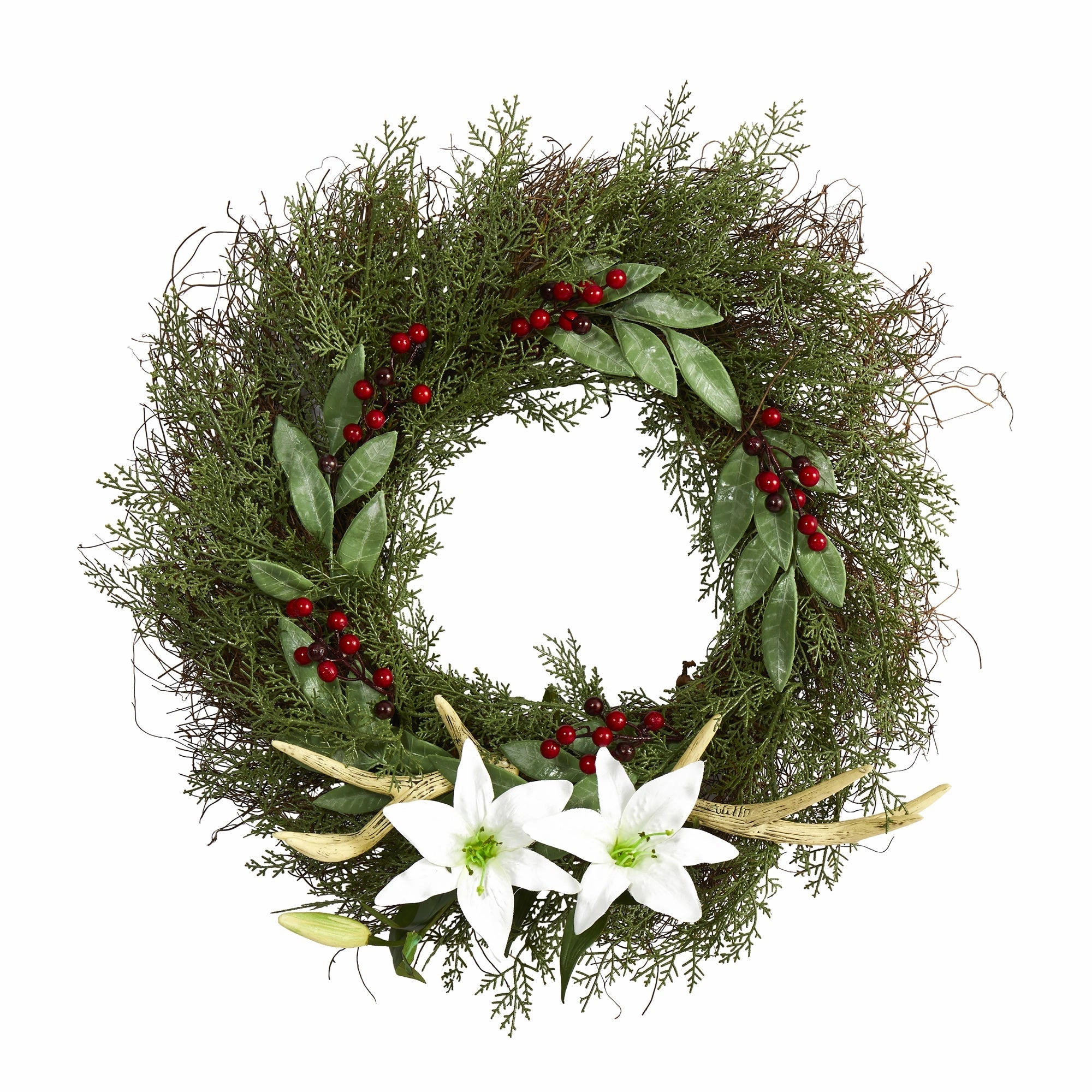 20" Cedar Antlers Lily and Ruscus with Berries Wreath Faux Florals cheap bouquet decor
