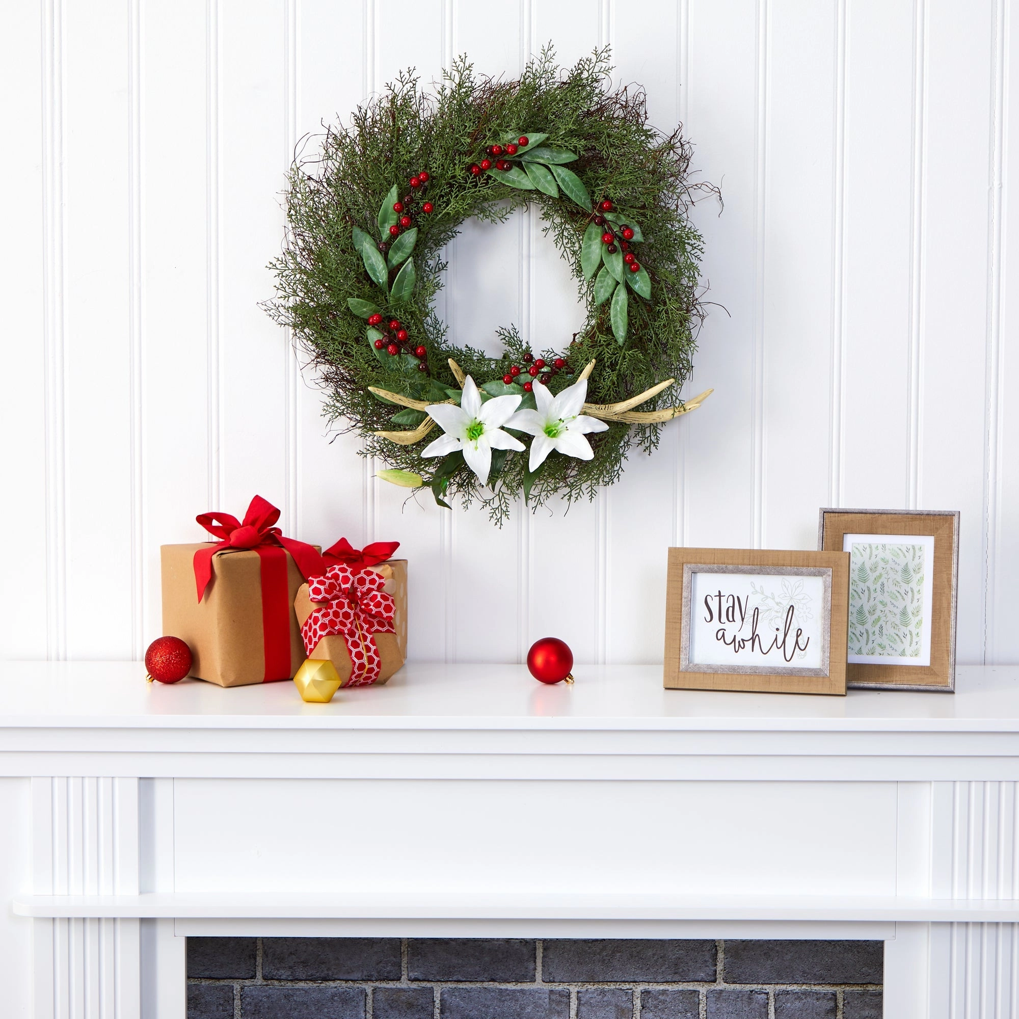 20" Cedar Antlers Lily and Ruscus with Berries Wreath