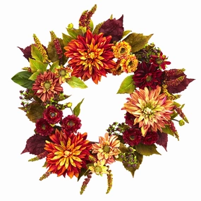 22" Dahlia  & Mum Wreath Faux Florals best price deals
