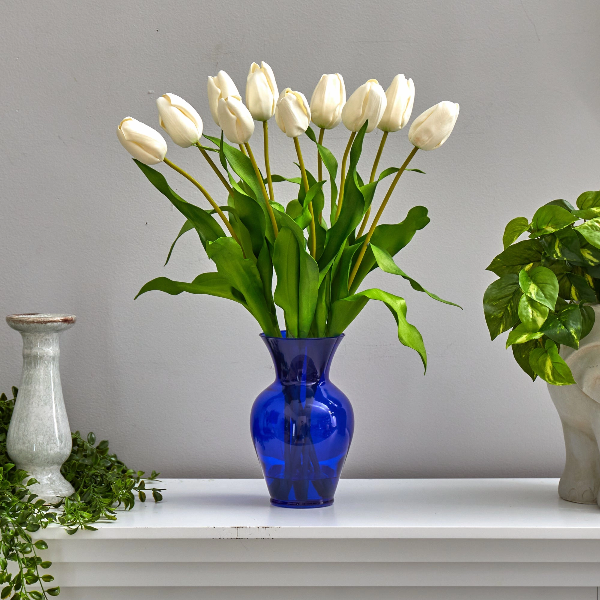 22" Dutch Tulip Artificial Arrangement in Blue Colored Vase