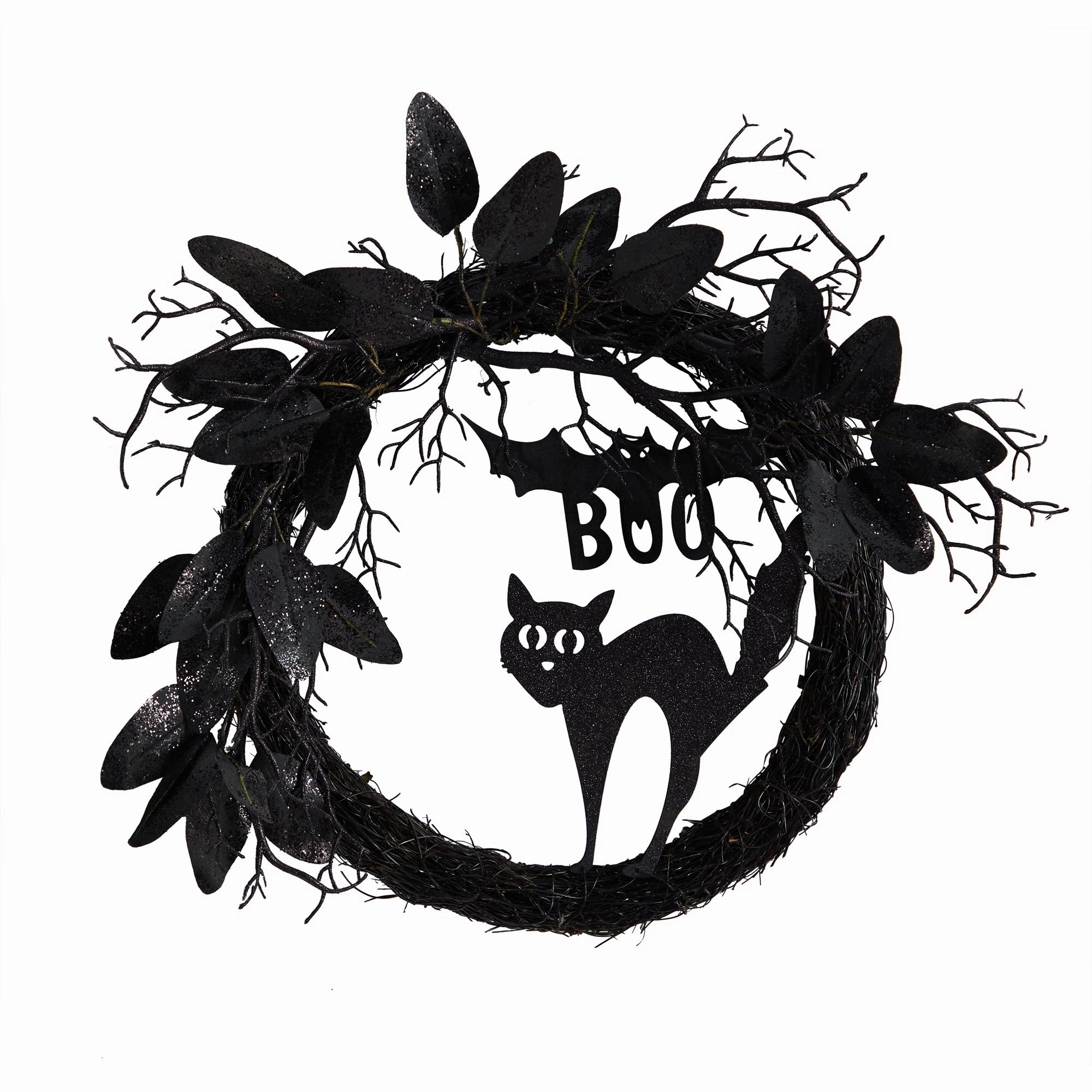 22" Halloween Black Cat and Bat Boo Twig Wreath Faux Florals floral decor outlet