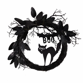 22" Halloween Black Cat and Bat Boo Twig Wreath Faux Florals floral decor outlet