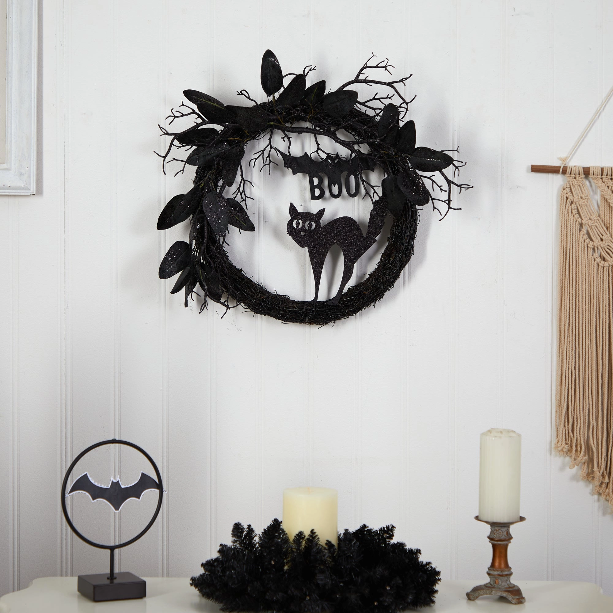 22" Halloween Black Cat and Bat Boo Twig Wreath
