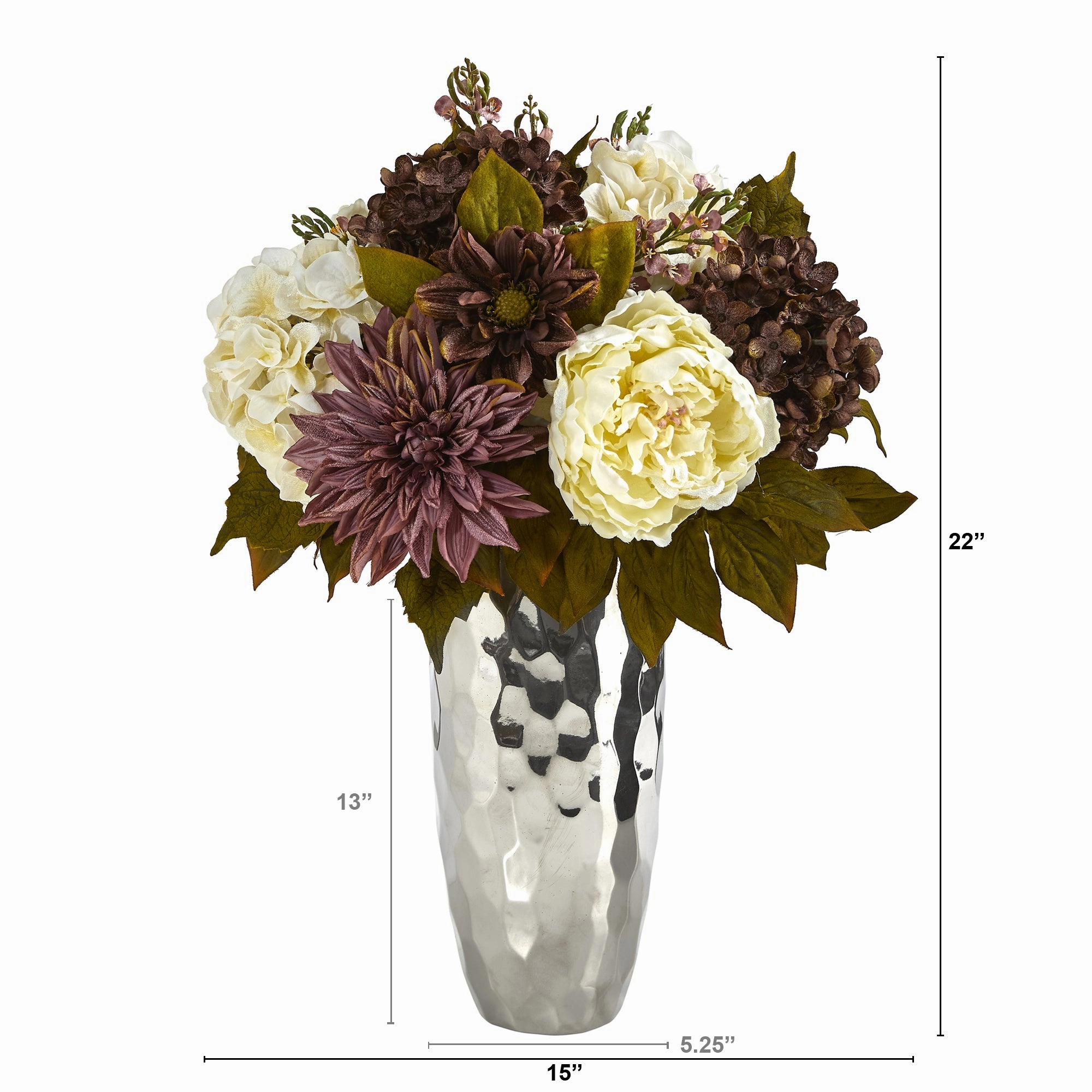 22" Peony Hydrangea and Dahlia Arrangement in Silver Vase