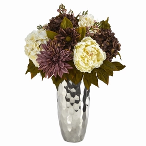 22" Peony Hydrangea and Dahlia Arrangement in Silver Vase Faux Florals cheap bouquet decor