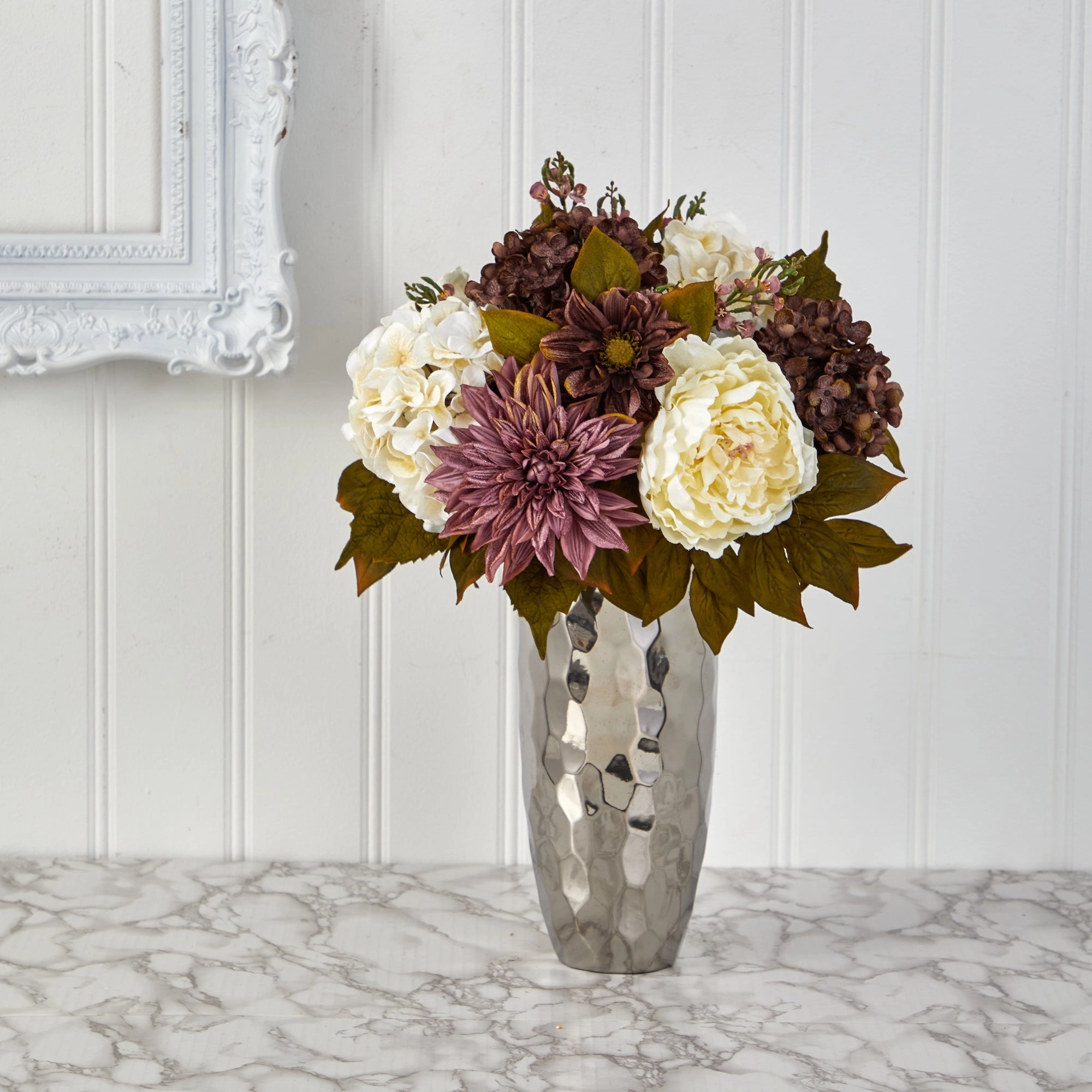 22" Peony Hydrangea and Dahlia Arrangement in Silver Vase