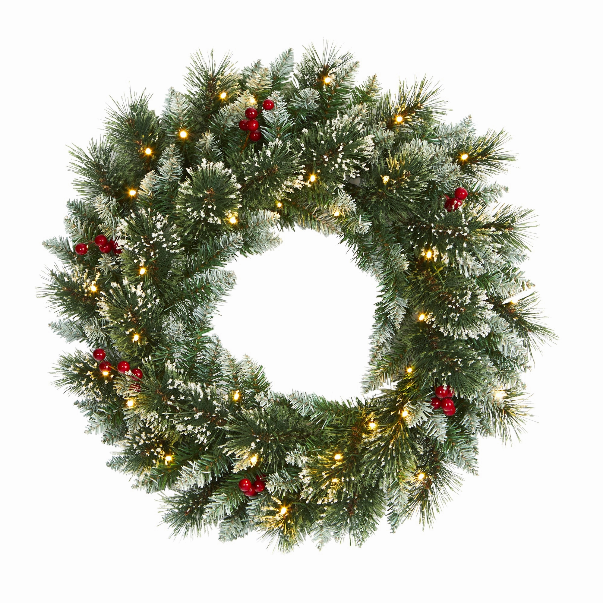 24 Frosted Swiss Pine Wreath w/35 LEDs and Berries Faux Florals best price deals