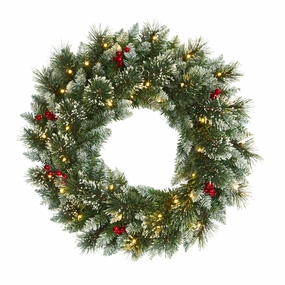24 Frosted Swiss Pine Wreath w/35 LEDs and Berries Faux Florals best price deals