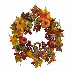24" Pumpkin Gourd Berry and Maple Leaf Wreath Faux Florals online special