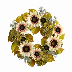 24" White Sunflower and Hydrangea Artificial Autumn Wreath Faux Florals best price deals