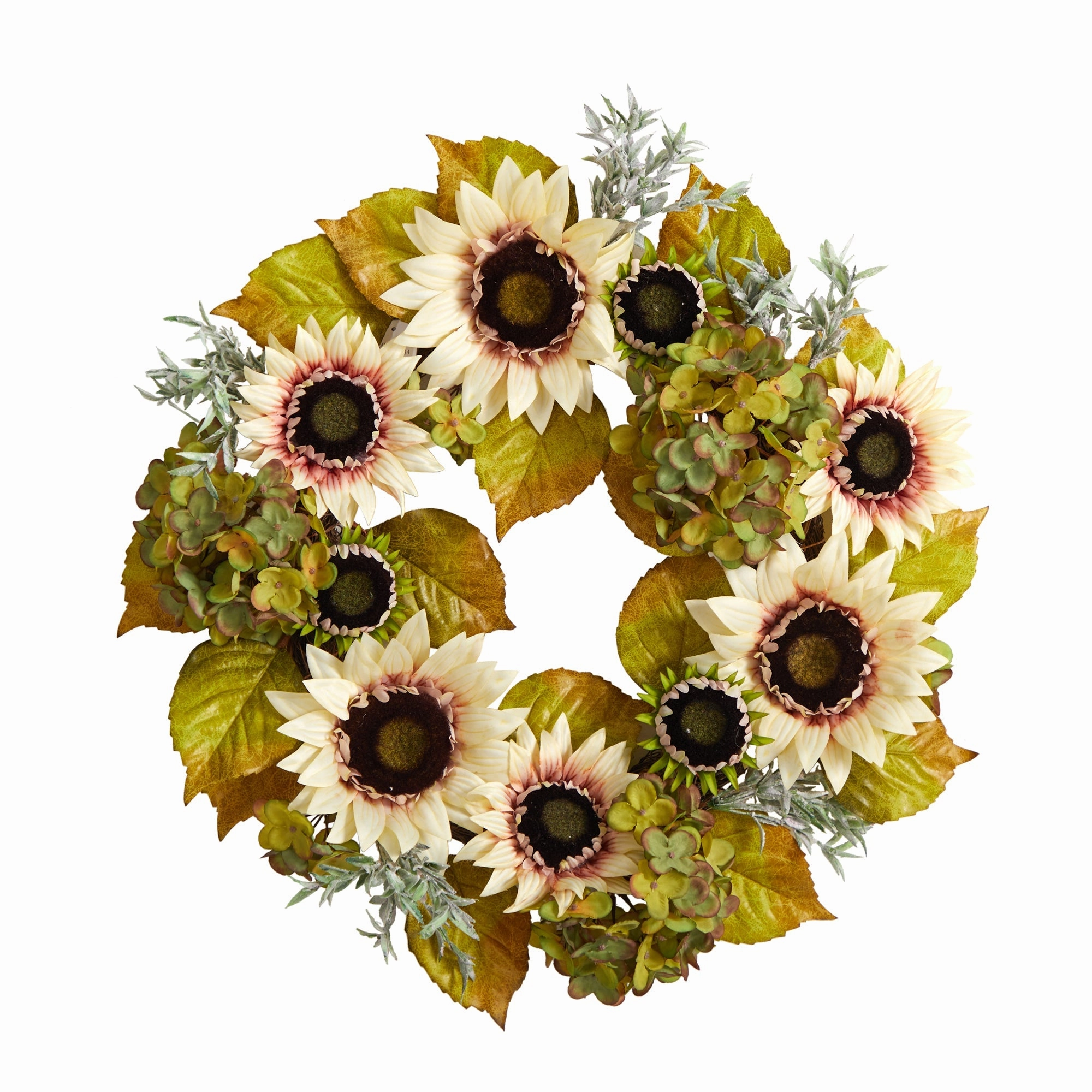 24" White Sunflower and Hydrangea Artificial Autumn Wreath Faux Florals best price deals