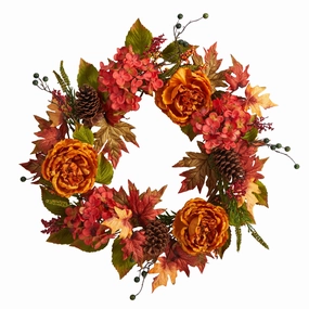 25" Fall Ranunculus Hydrangea and Berries Autumn Wreath Faux Florals floral decor outlet