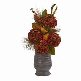 26" Hydrangea Pear and Magnolia Arrangement in Metal Vase Faux Florals best price deals