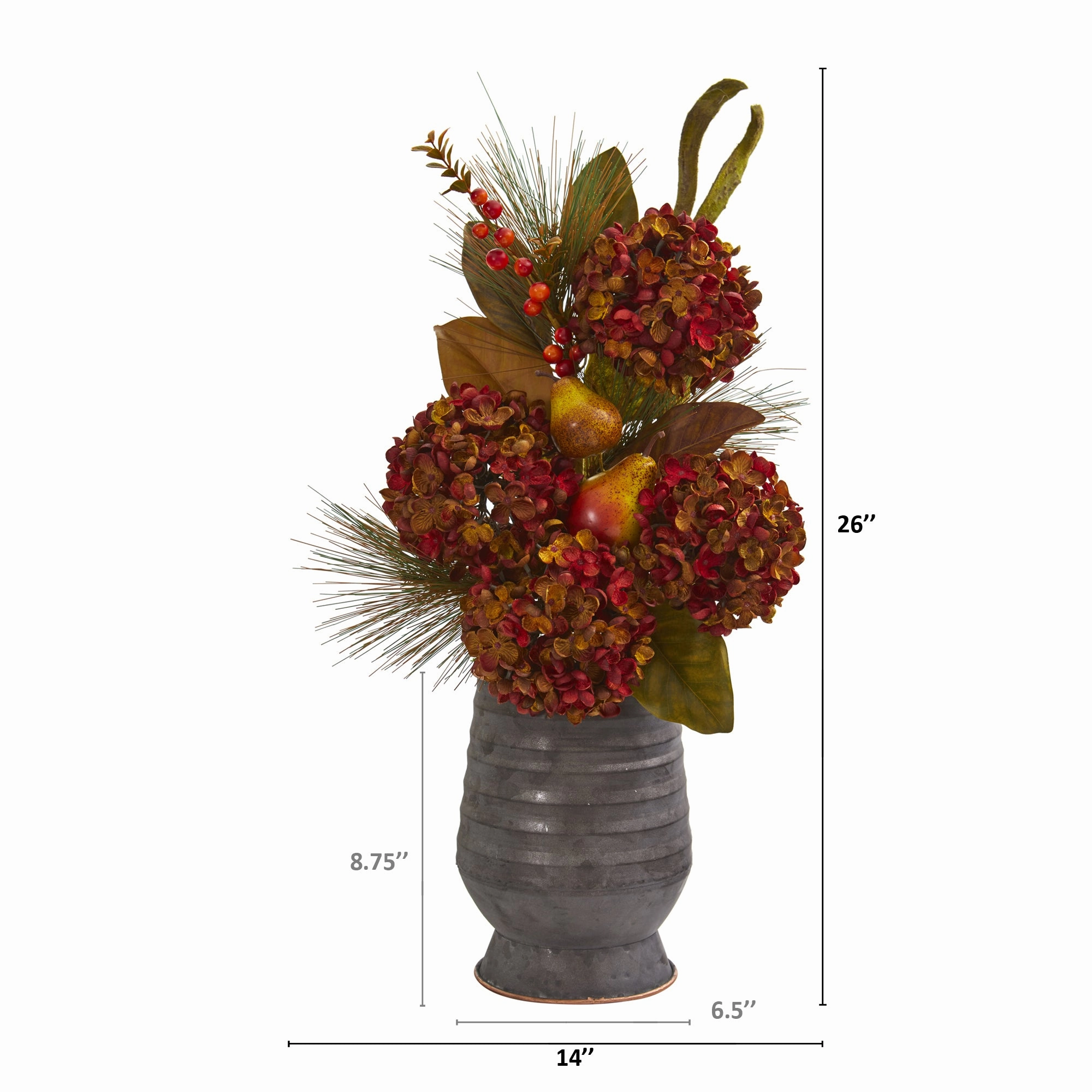 26" Hydrangea Pear and Magnolia Arrangement in Metal Vase