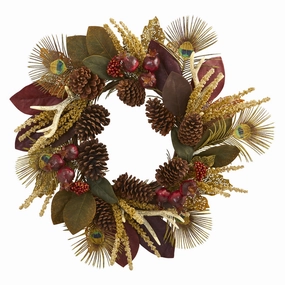 27" Magnolia Leaf Berry Antler and Peacock Feather Wreath Faux Florals cheap bouquet decor