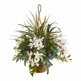 29" Cymbidium & Mixed Greens Artificial Plant Hanging Basket Faux Florals floral decor outlet