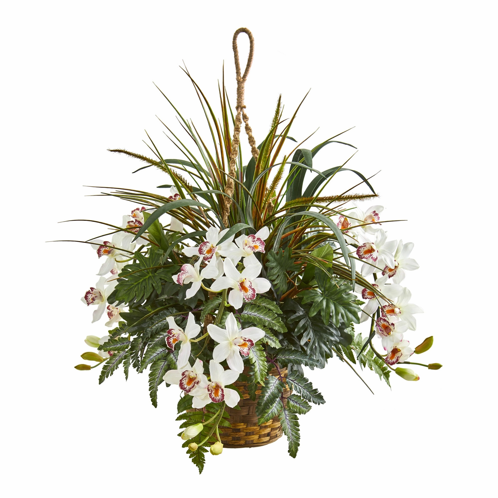 29" Cymbidium & Mixed Greens Artificial Plant Hanging Basket Faux Florals floral decor outlet