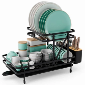 2 Tier Black Metal Foldable Dish Rack with Removable Drip Tray Cookware online kitchen sale