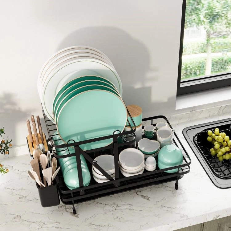 2 Tier Black Metal Foldable Dish Rack with Removable Drip Tray