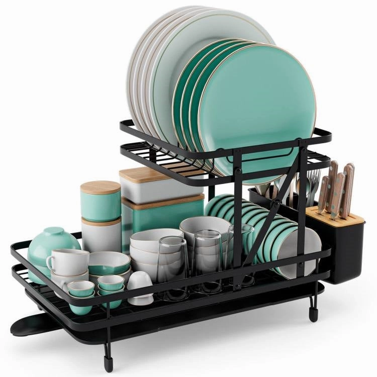 2 Tier Black Metal Foldable Dish Rack with Removable Drip Tray Cookware online kitchen sale