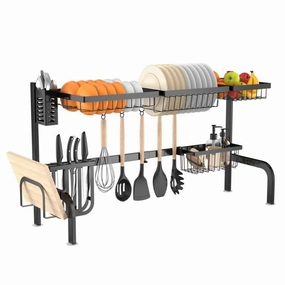2 Tier Black Steel Adjustable Over the Sink Dish Drying Rack Cookware online kitchen sale