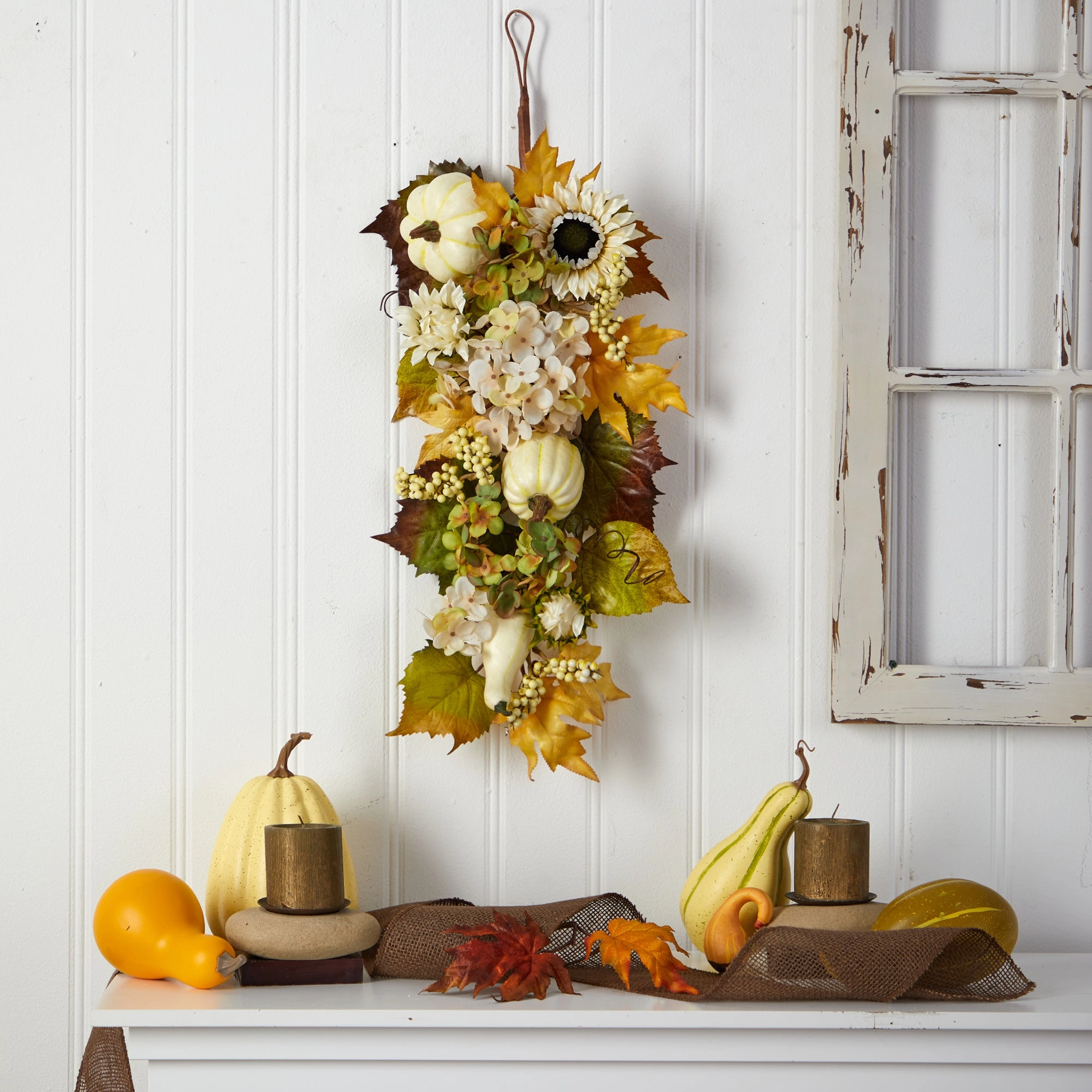 33" Fall Sunflower Hydrangea and Pumpkin Teardrop